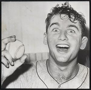 World Series Hero Larry Sherry of the Los Angeles Dodgers displays the game ball after yesterday’s win over the Chicago White Sox which wrapped up the championship. Sherry was instrumental in pitching the Dodgers to all four of their victories.
