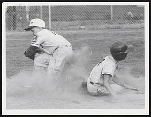 West Lynn vs. Swampscott 4th inning Frankie Pysko (West Lynn) 2nd baseman takes throw forcing Rickie Conigliaro (Swamps).