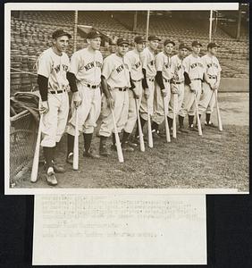 Yankees After Third Straight. Cincinnati-Photo shows the Yankee lineup for the opening game at Cinn. Saturday. From L. to R. the above photo, made at Crosley Field after today's workout, shows-Crosetti, Rolfe, Keller, DiMaggio, Dickey, Selkirk, Gordon, Dahlgren and Pitcher Lefty Gomez.
