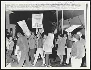 Berkeley, Calif: Part of the thousands of demonstrators against U.S. involvement in Vietnam are shown as they paraded down Telegraph Street here late 10/15. They decided against a direct confrontation with Oakland, Calif., police and veered off down another street headed for Constitution Square where they will hold an all night teach-in.