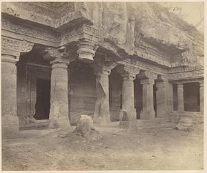 General view from the left of porch and entrance to Buddhist Vihara, Cave I, Ajanta