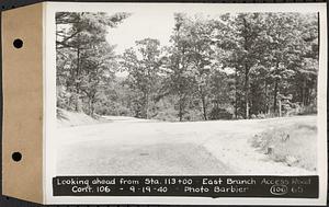 Contract No. 106, Improvement of Access Roads, Middle and East Branch Regulating Dams, and Quabbin Reservoir Area, Hardwick, Petersham, New Salem, Belchertown, looking ahead from Sta. 113+00, East Branch access road, Belchertown, Mass., Sep. 19, 1940