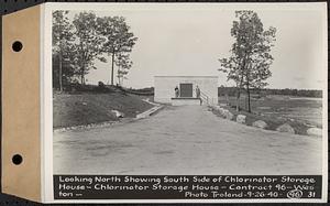 Contract No. 96, Chlorine Storage House and Equipment and Chlorinating Equipment for Gate House at Norumbega Reservoir, Weston, looking north showing south side of chlorinator storage house, chlorinator storage house, Weston, Mass., Sep. 26, 1940