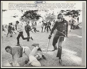 Dissident demonstrators and police battle all over the campus of San Francisco State College 12/3 as the situation erupted into chaos after several confrontations between students and police. Some three hundred police rushed onto the school grounds clubbing and arresting students. Dozens were injured and an undetermined number arrested.