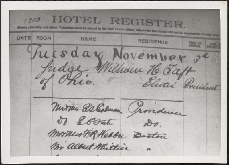 Hotel register entry, Taft elected president 1908