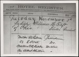 Hotel register entry, Taft elected president 1908