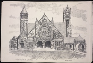 Churches. Newton, MA. Eliot Congregational Church, Rines sketch