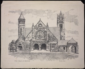 Churches. Newton, MA. Eliot Church, Newton Corner, sketch, Rines