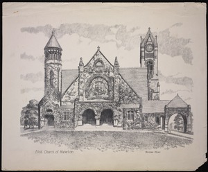Churches. Newton, MA. Eliot Church, Newton Corner, sketch, Rines