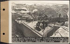 Contract No. 80, High Level Distribution Reservoir, Weston, looking south from northeast corner of gatehouse, center line of dam 1, showing second pour in gatehouse, high level distribution reservoir, Weston, Mass., Mar. 13, 1940