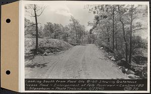 Contract No. 99, Enlargement of Fells High Level Distribution Reservoir, Stoneham, Malden, Melrose, looking south from road Sta. 8+60 showing gatehouse Access Road, enlargement of Fells Reservoir, Stoneham, Mass., Jun. 27, 1940