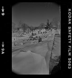 Headstones covered in snow