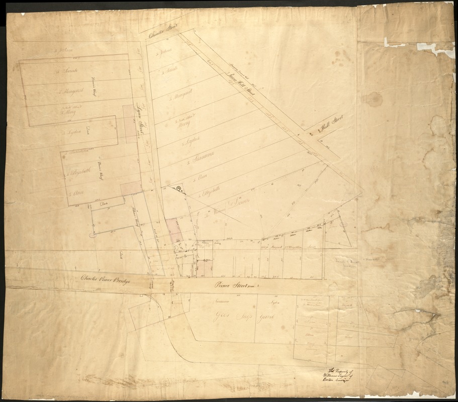 [Plan of estates on Charles River bridge, Prince Street, Lynn Court, and Snow Hill Street]
