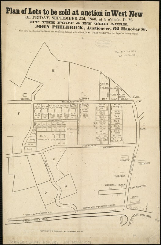Plan of lots to be sold at auction in West New[ton] on Friday, September 23d, 1853, at 3 o'clock, p.m
