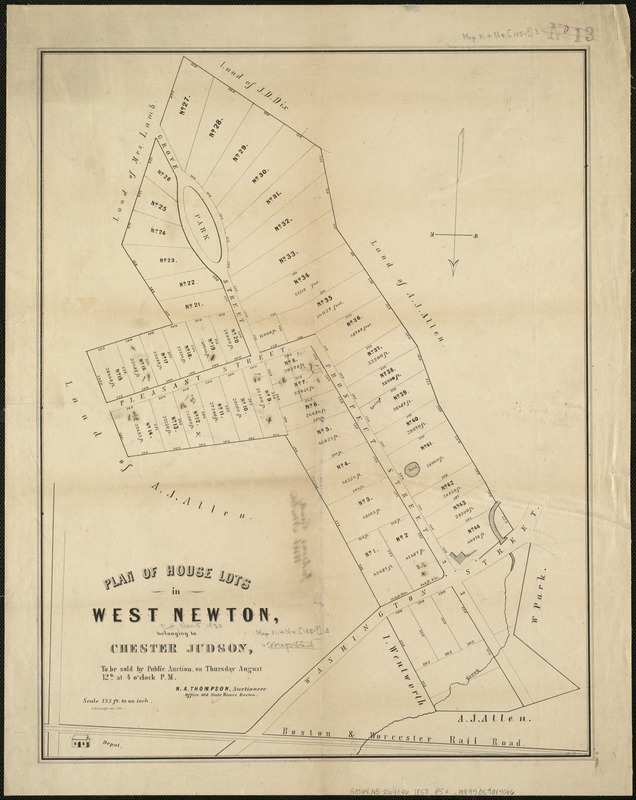 Plan of house lots in West Newton, belonging to Chester Judson, to be sold by public auction, on Thursday August 12th at 4 o'clock p.m