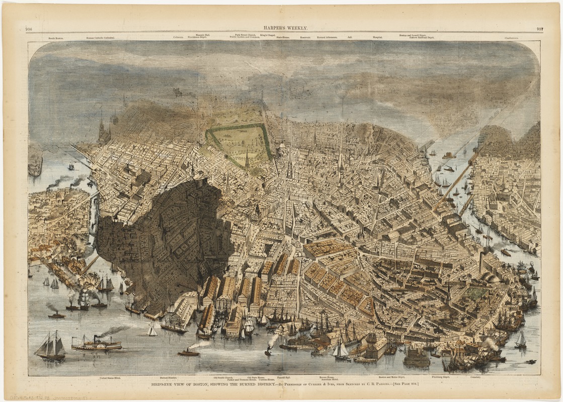Bird's-eye view of Boston, showing the burned district