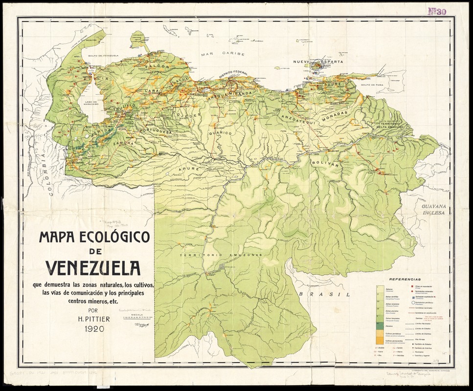 Mapa ecológico de Venezuela que demuestra las zonas naturales, los cultivos, las vías de comunicación y los principales centros mineros, etc