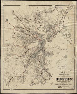 Map showing horse rail roads and the surface steam roads with 104 stations in and around Boston
