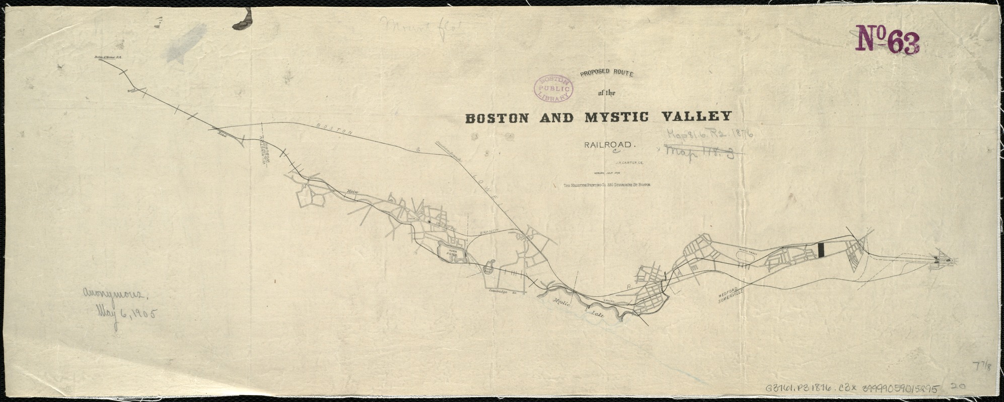 Proposed route of the Boston and Mystic Valley railroad