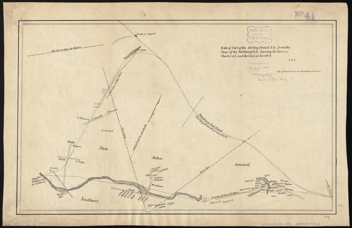Plan of part of the Sterling Branch R.R. from the plans of the Fitchburg R.R. shewing [sic] the line as chartered and the line as located
