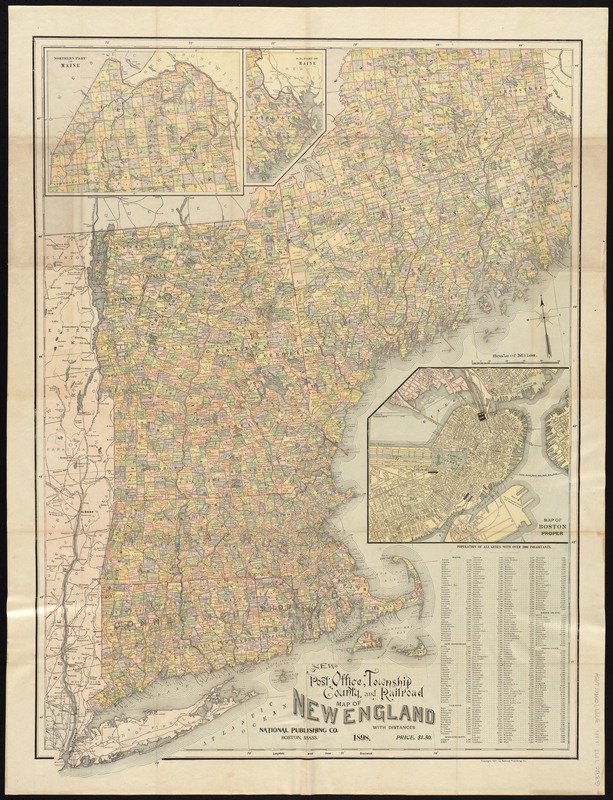 New post office, township, county and railroad map of New England