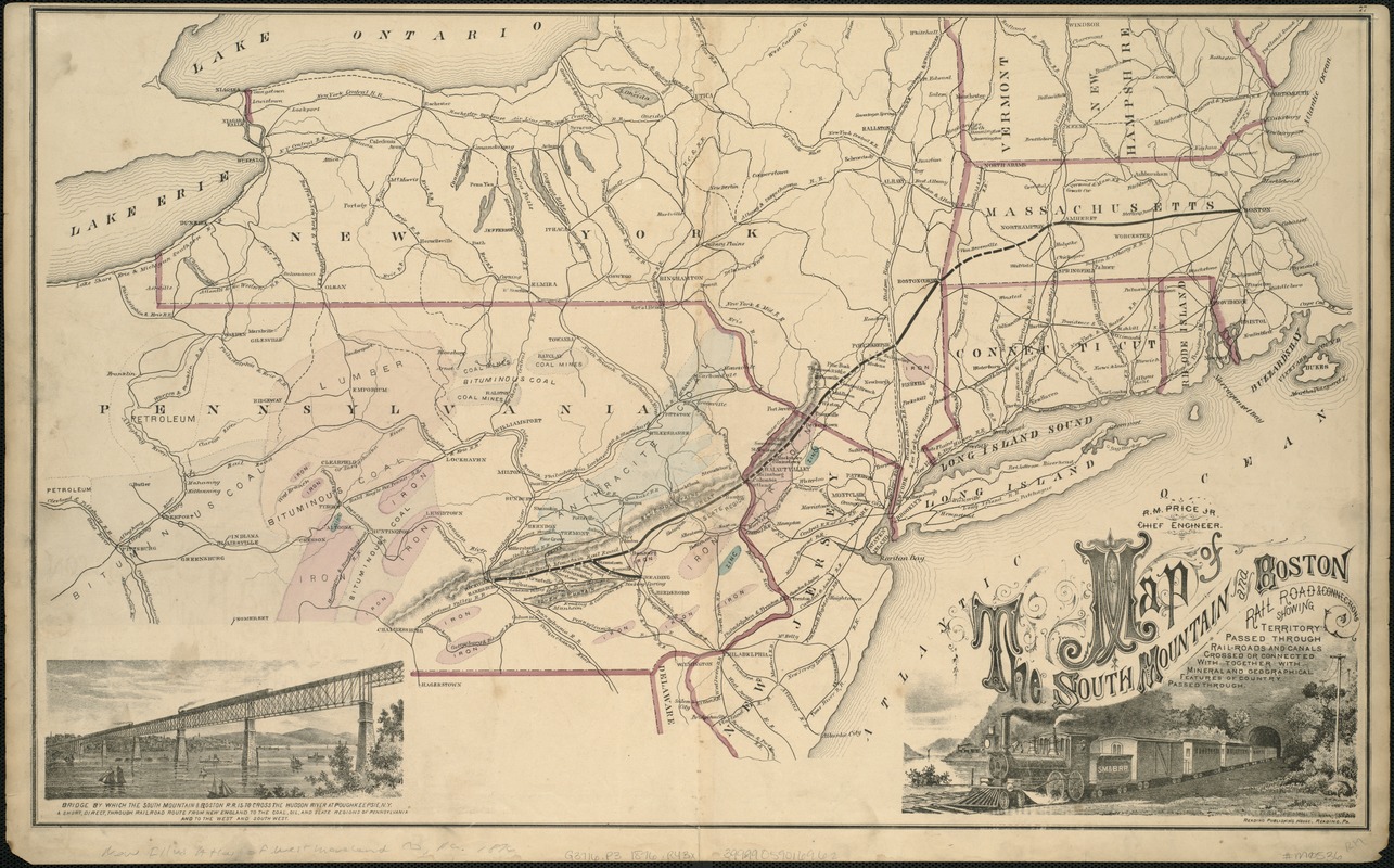 Map of the South Mountain and Boston Railroad & connections showing territory passed through, rail-roads and canals crossed or connected with, together with mineral and geographical features of country passed through