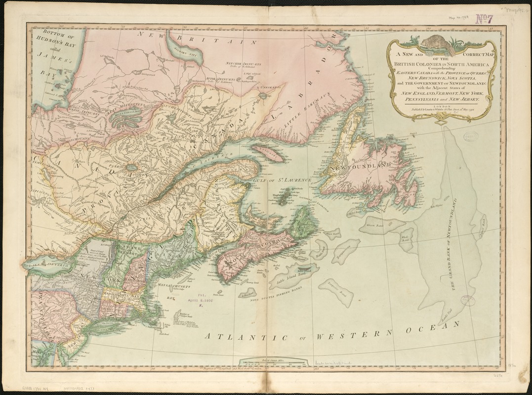 A New and correct map of the British colonies in North America comprehending eastern Canada with the province of Quebec, New Brunswick, Nova Scotia, and the Government of Newfoundland