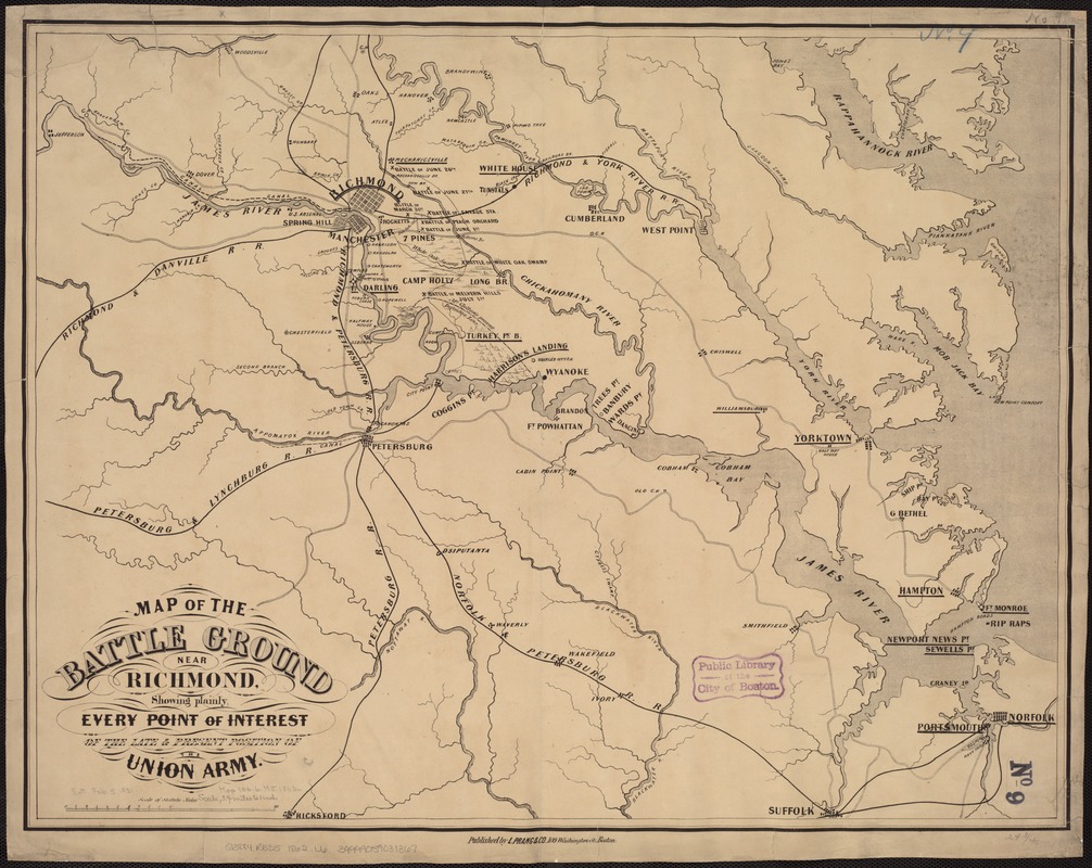 Map of the battle ground near Richmond, showing plainly, every point of interest of the late & present position of the Union army