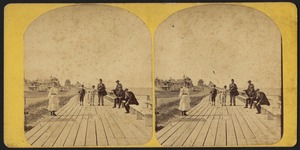Group of people at the boardwalk, with two boys holding up fish
