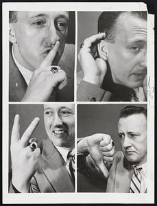 Not A Word. Four familiar gestures illustrate the way in which communication is carried on without words. Top left: “Silence” is the unspoken word; Top right: “Eh, what?”. Bottom left: Since World War II, “Victory” is the sign; Bottom right: “Out,” “No sale” -- the meaning is clear. Dr. Jurgen Ruesch, research psychiatrist who has written a book on nonverbal communication, points out that his is the only available method during babyhood and early childhood. As life goes on, wordless communication often serves as accent, or sometimes contradiction. Dr. Ruesch feels that the increase in propaganda in the modern wold gives special importance to an understanding of the nonverbal signs and acts which accompany words.