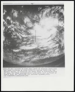 This photo of tropical storm Cleo was takes yesterday by Tiros VIII, U.S. weather satellite. The Weather Bureau, in releasing the photo today in Washington, said it shows the storm swirling about 1,200 miles east southeast of Puerto Rico. The satellite was launched December, 1963.