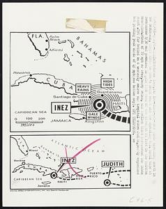 Miami: hurricane Inez, its 100-miles-per-hour winds spreading death in the Caribbean, crept close to Cuba's south coast and the sprawling U.S. naval base at Guantanamo 9/30 and promised to gain back some of the strength it lost in the Haitian mountains. Winds of 70 mph or over, heavy rains, and swollen tides threatened the Cuban coast. Not far behind one a westerly course was tropical storm Judith, poorly organized but packing peak winds of 45 mph (see bottom map).