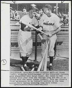 Two Sluggers Meet-- Al Rosen (left), slugging third-baseman of the Cleveland Indians, get acquainted with Ralph Kiner, who comes to the Indians this year from the Chicago Cubs and who is no slouch with the heavy timber himself. This was Kiner's first appearance in an Indian's uniform as the team opened their Spring training camp here today.