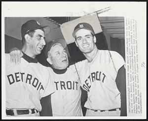 Tigers Break Losing Streak-- Happy trio in dressing room of the Detroit Tigers in Washington after1-0 win over the Washington Senators tonight. Left to right: Don Mossi, who pitched a 3-hitter; Manager Jimmy Dykes and Rocky Colavito, whose two-out home run in the top of the ninth broke the Tigers' 10-game losing streak.