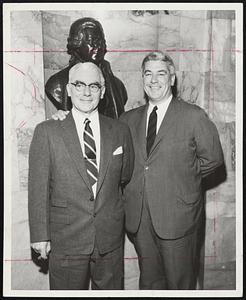 Three Of A Kind–State Sen. John Adams of Andover (right) and his father, Boston and Maine Railroad agent at Exeter, N.H., gather at the State House in front of the statue of John Adams. The elder Adams came to Boston to see his son in action on the Senate floor.