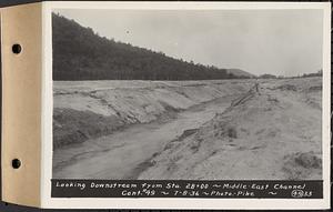 Contract No. 49, Excavating Diversion Channels, Site of Quabbin Reservoir, Dana, Hardwick, Greenwich, looking downstream from Sta. 28+00, middle-east channel, Hardwick, Mass., Jul. 8, 1936