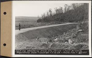 Contract No. 66, Regulating Dams, Middle Branch (New Salem), and East Branch of the Swift River, Hardwick and Petersham (formerly Dana), looking westerly from Sta. 28+50, east branch regulating dam, Hardwick, Mass., Nov. 10, 1939