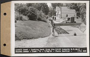 Contract No. 71, WPA Sewer Construction, Holden, Lovell Road, looking back from Sta. 12+00 towards manhole 4A-6, Holden Sewer, Holden, Mass., Jul. 22, 1941