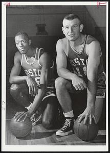 Two "Newcomers" with Celtics ready to help open defense of NBA crown against Detroit tonight at Garden are rookie Tom Sanders of NYU and returning Jim Lascutoff, recovered from back injury.