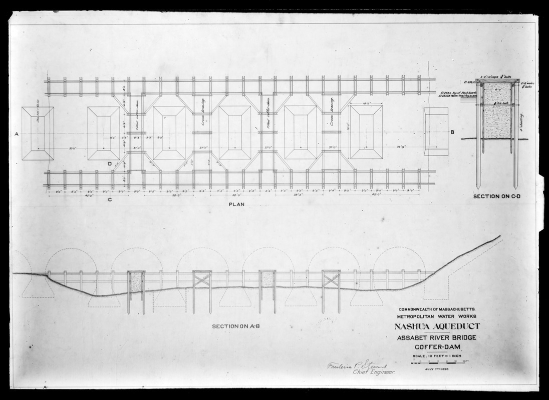 Engineering Plans, Wachusett Aqueduct, Assabet River Bridge Cofferdam, Northborough, Mass., Jul. 7, 1896