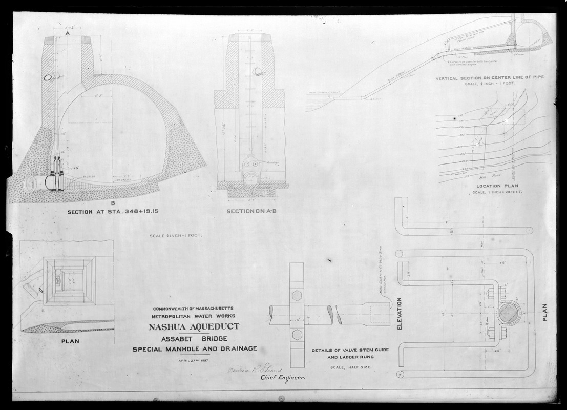 Engineering Plans, Wachusett Aqueduct, Assabet Bridge special manhole and drainage, Northborough, Mass., Apr. 27, 1897