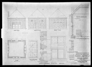 Engineering Plans, Wachusett Aqueduct, Terminal Chamber, plan, elevation and details of superstructure, Sheet No. 7, Marlborough, Mass., Oct. 5, 1897