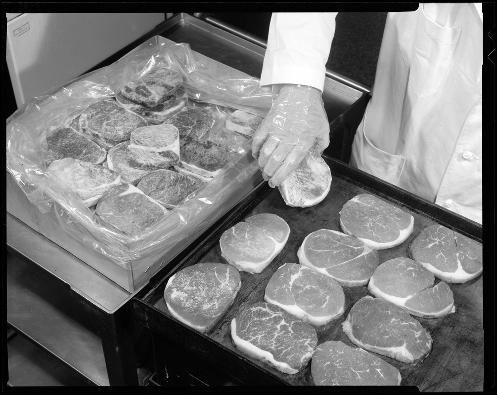 FSL, food, preparation, steaks, frozen, removed from box + placed on ...