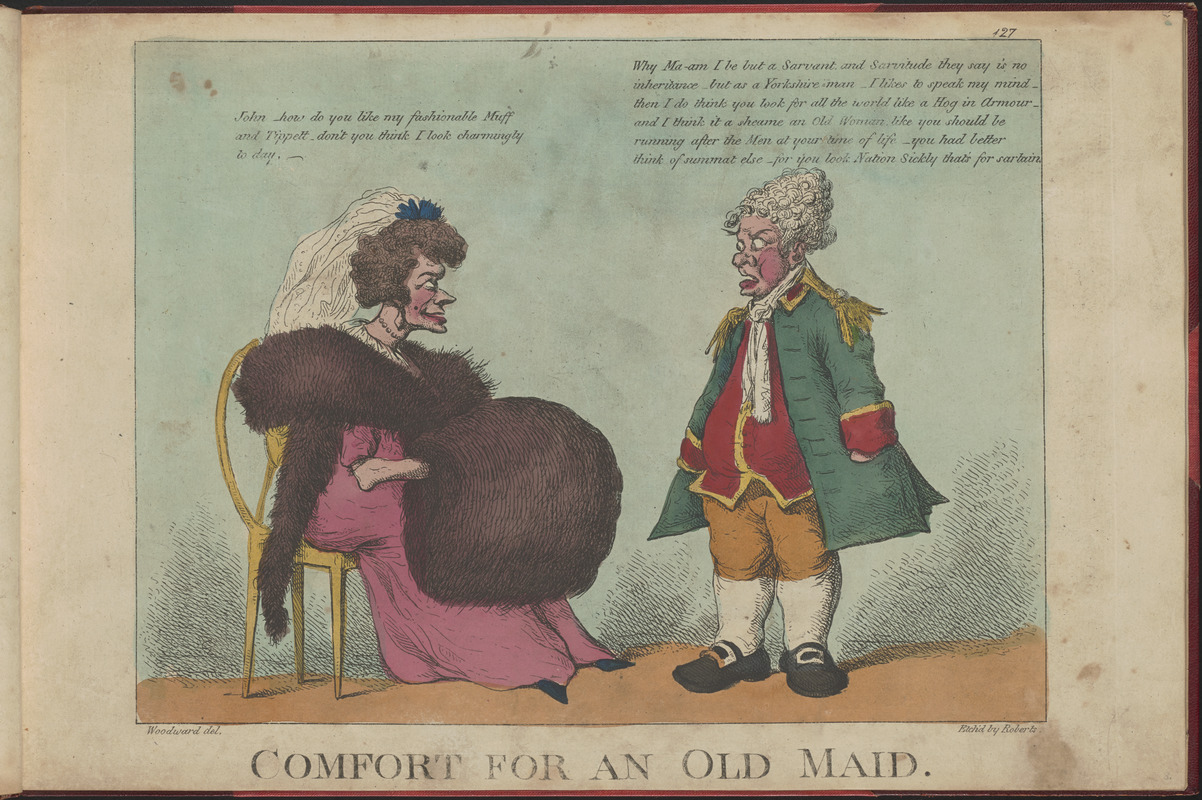 A man being please by his wife and their old maid