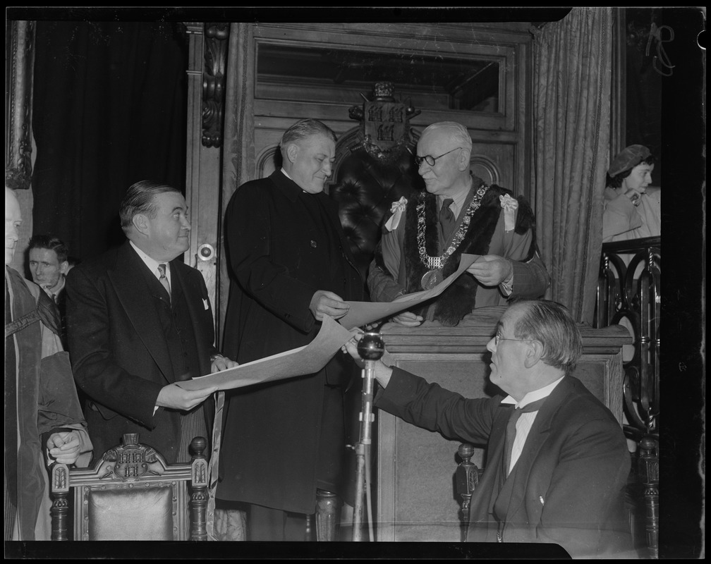 Dr. P. J. Hernon handing to Archbishop Richard Cushing and Mr. Paul Dever their Freedoms of the City