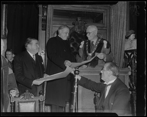Dr. P. J. Hernon handing to Archbishop Richard Cushing and Mr. Paul Dever their Freedoms of the City