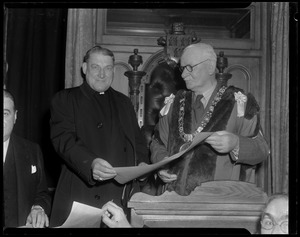 Dr. P. J. Hernon handing to Archbishop Richard Cushing and Gov. Paul Dever their Freedoms of the City