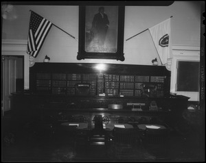 View of the judge's box with flags
