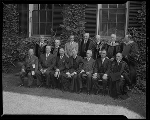Group portrait with Leverett Saltonstall, James Conant and 12 others on day of Harvard ceremony