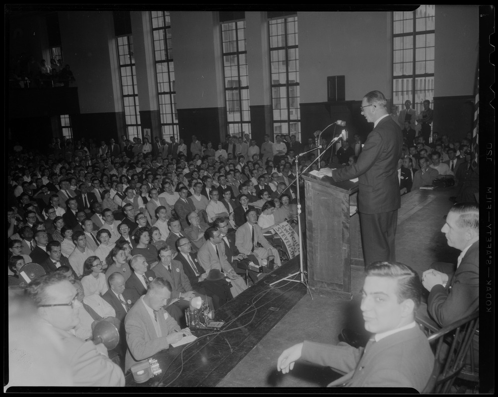 Estes Kefauver at podium on stage, addressing crowd